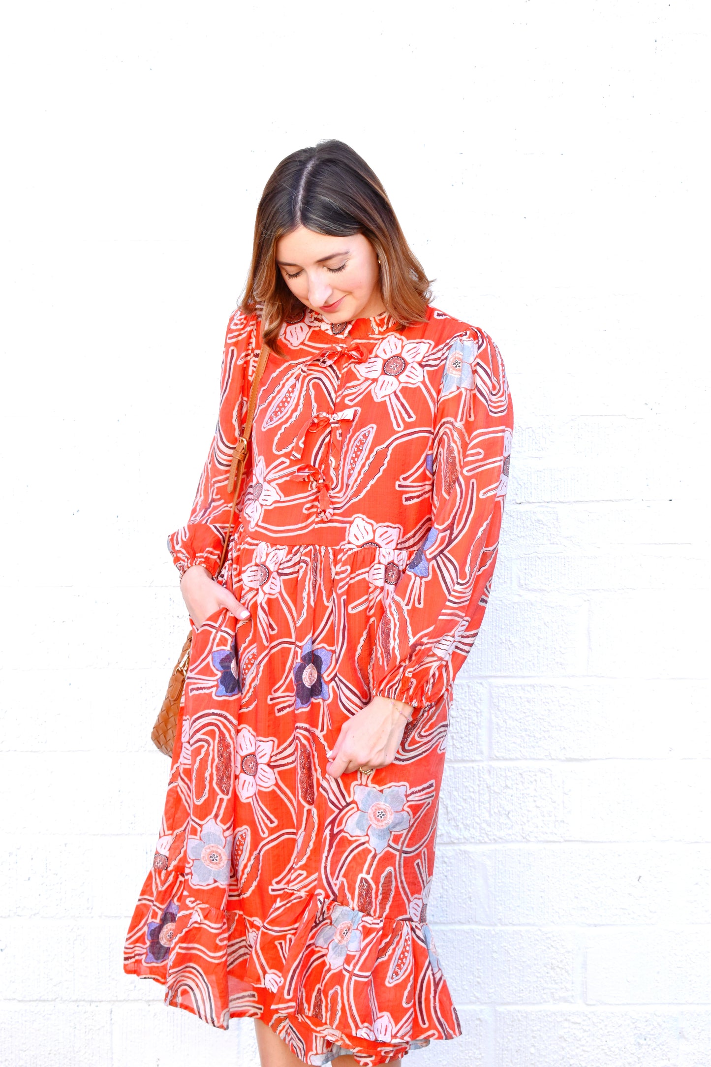 Autumn Orange Floral Midi Dress