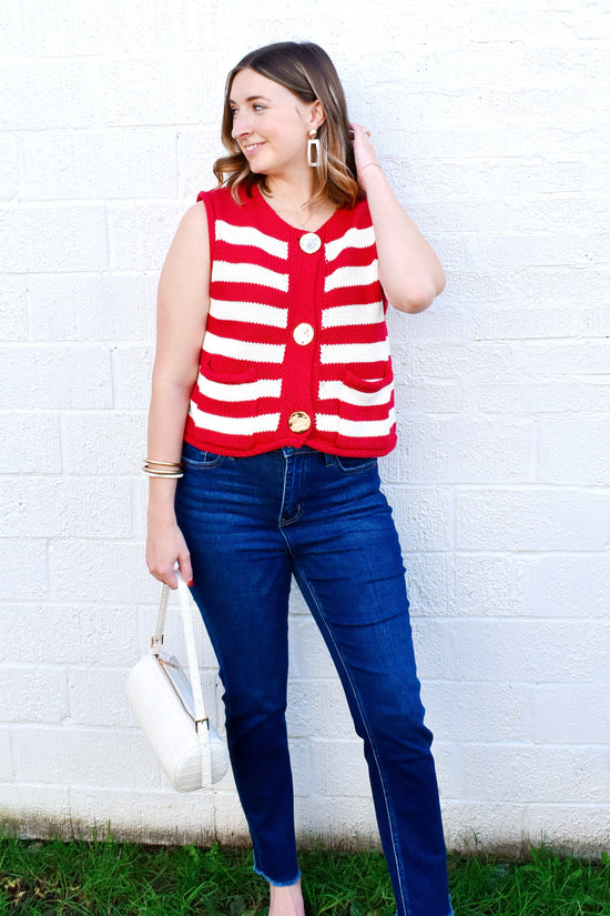 Red Striped Gold Button Sweater Top