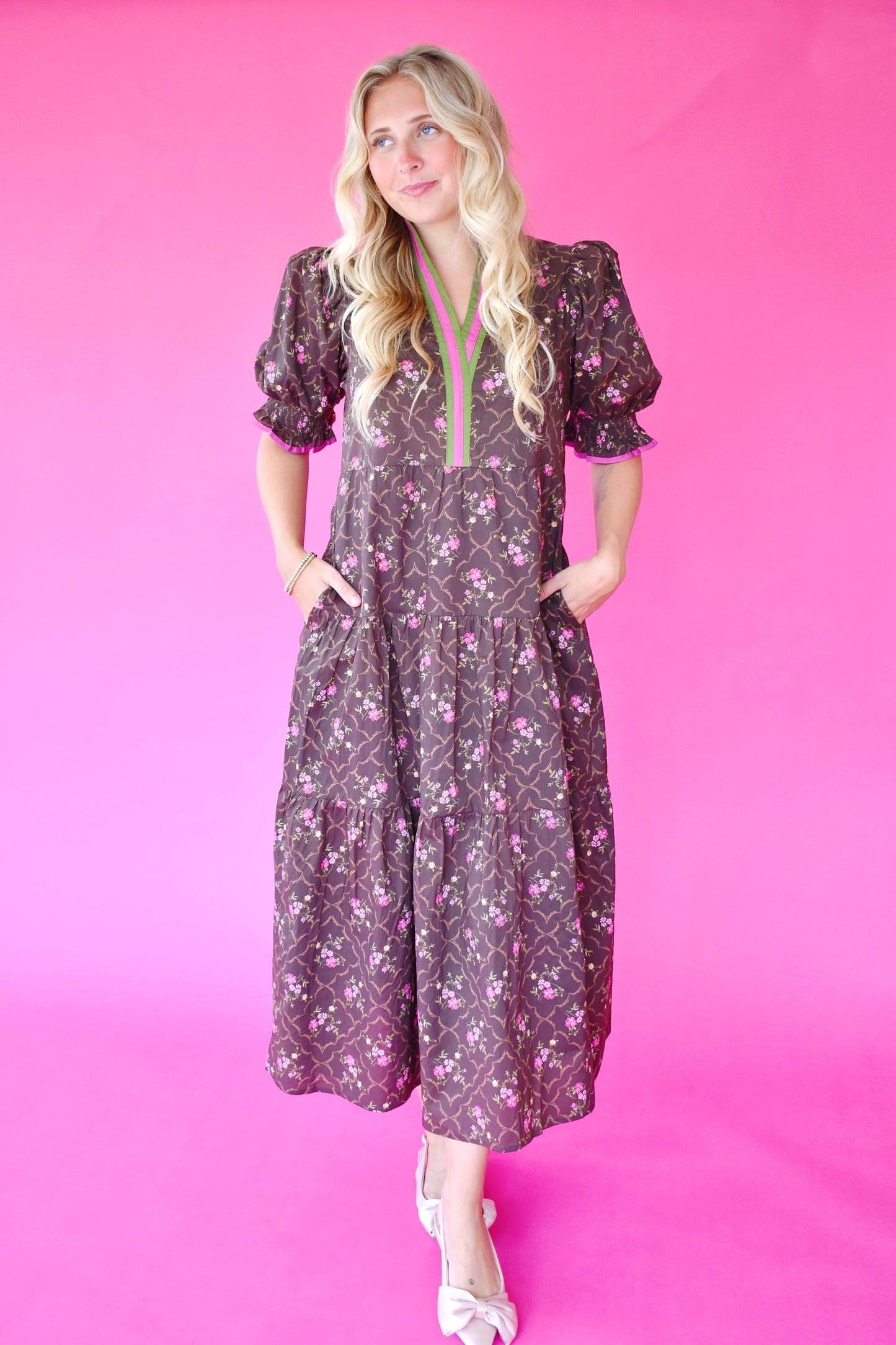 Chocolate Pink Green Floral Midi Dress