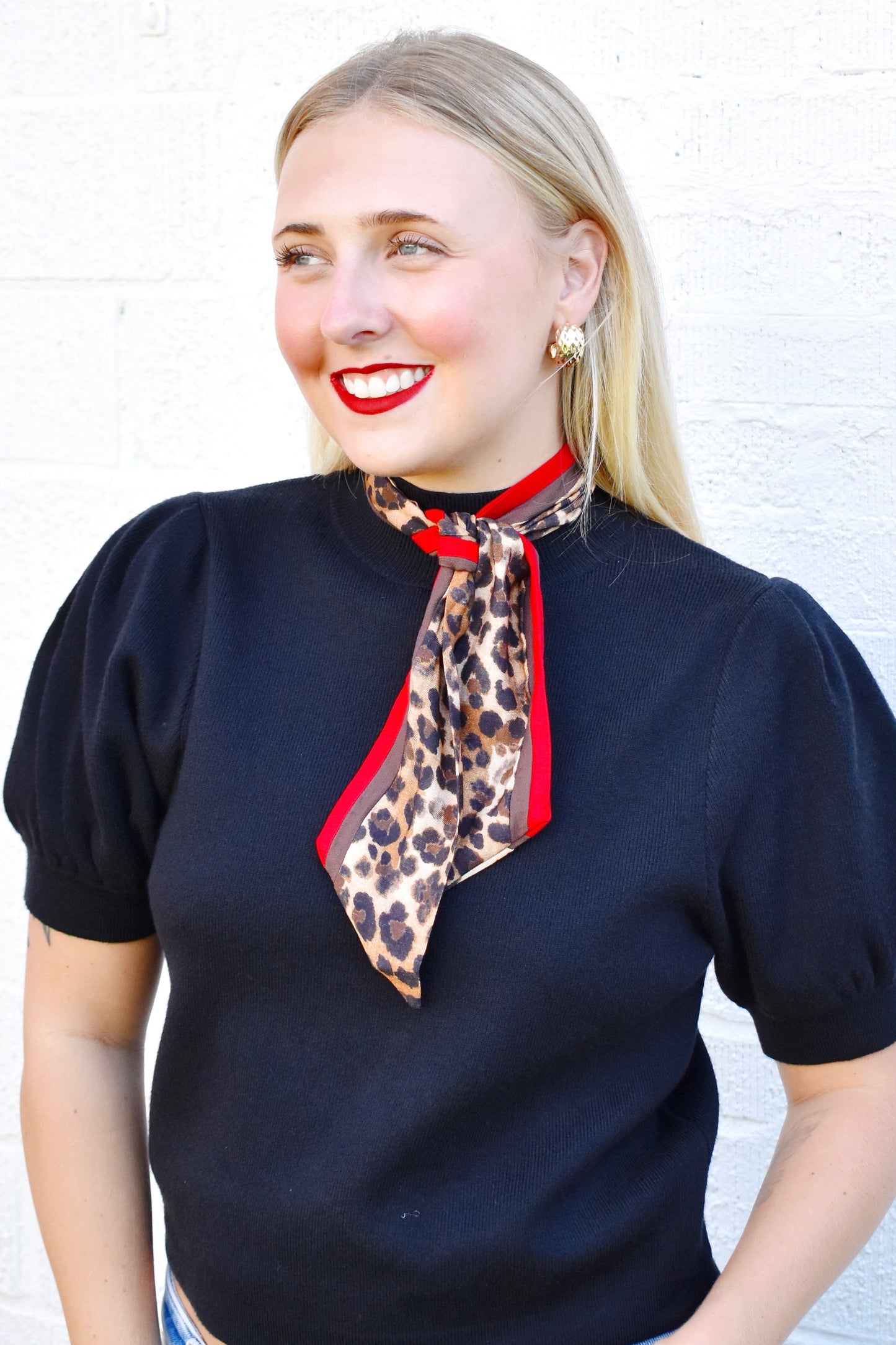 Black Leopard Neck Scarf Short Sleeve Sweater