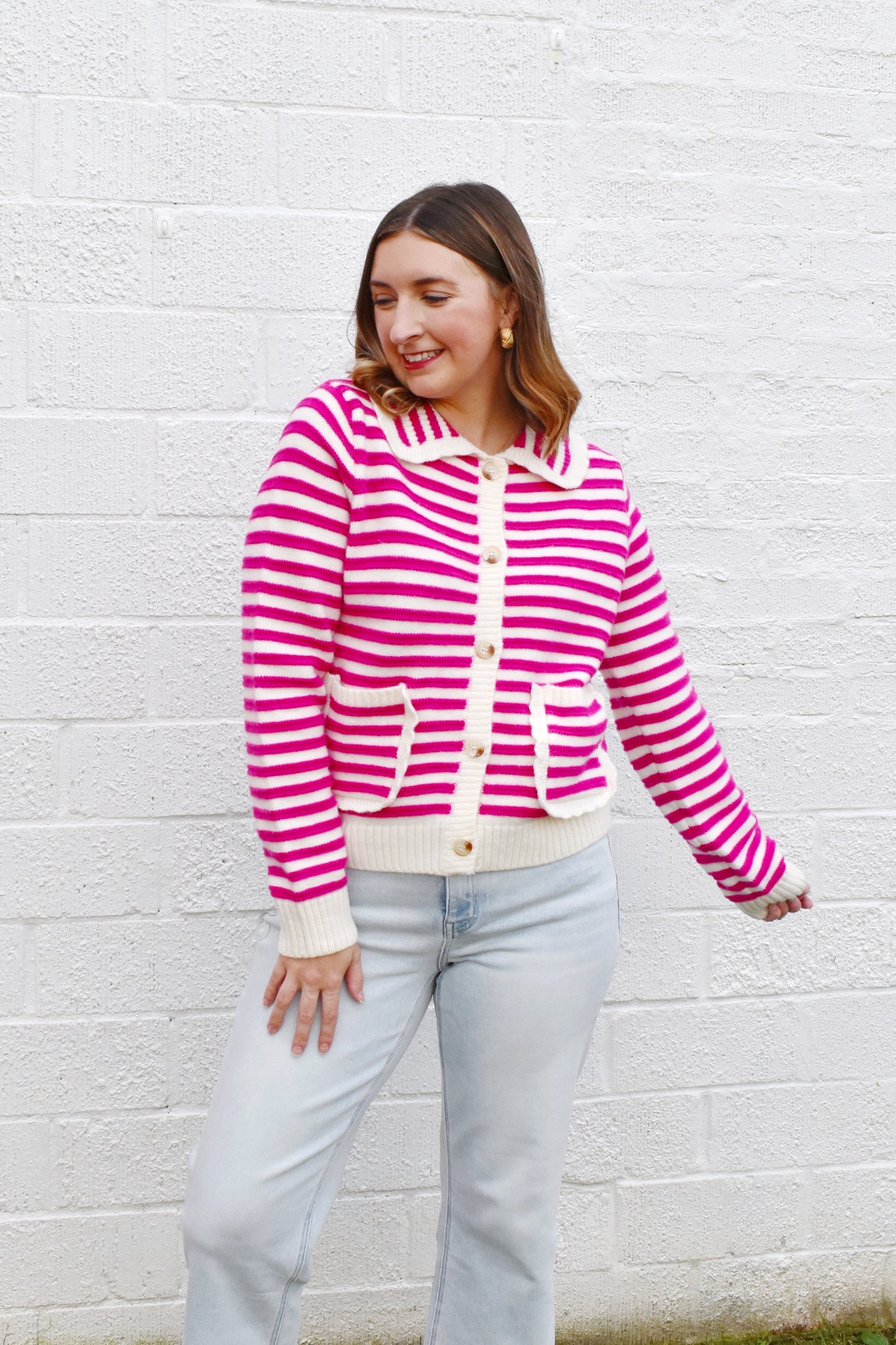 Pink Striped Collared Button Down Sweater