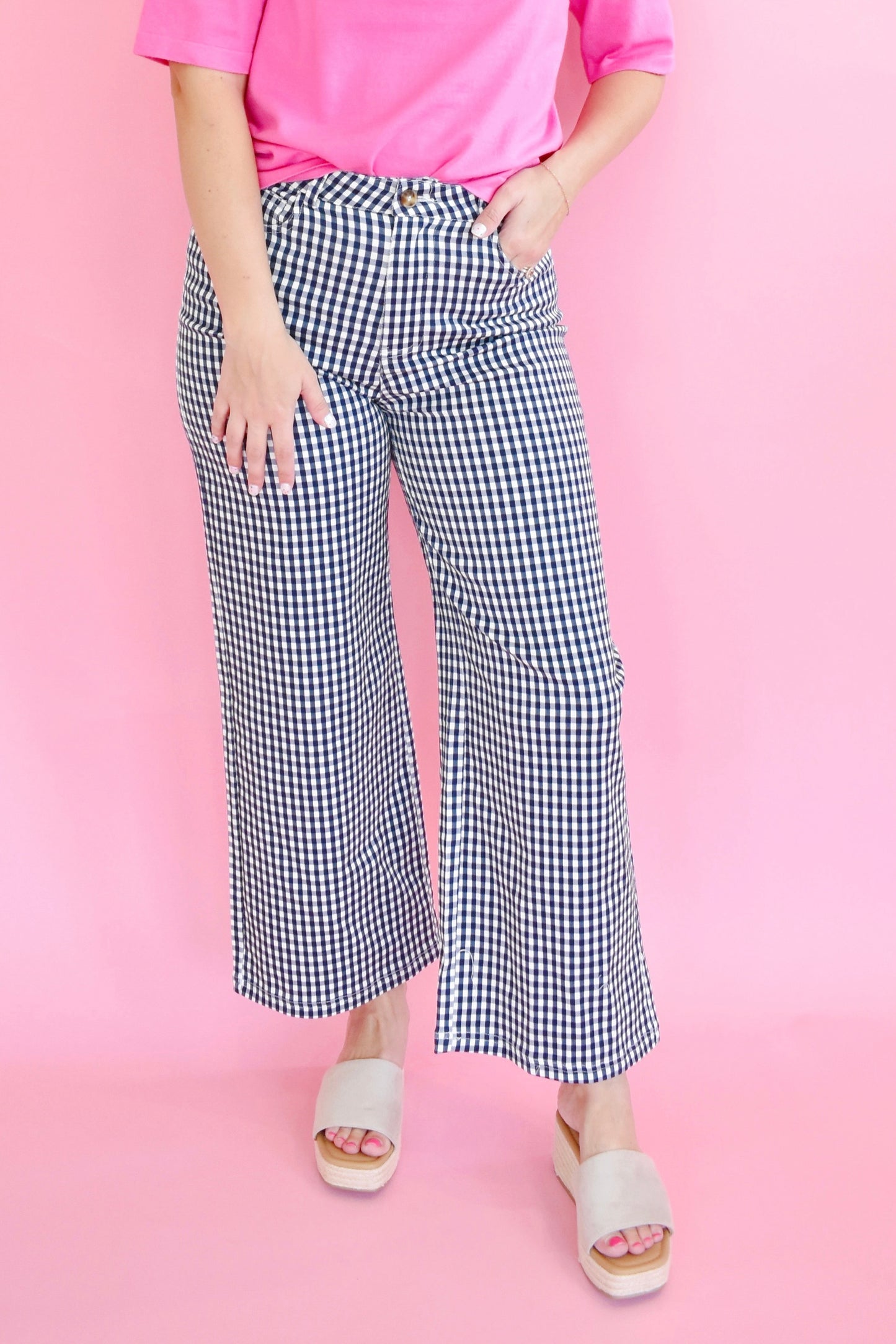Navy Gingham Wide Leg Pants