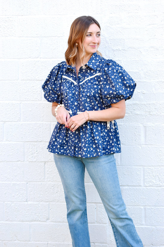 Navy Ditsy Floral Bubble Sleeve Blouse