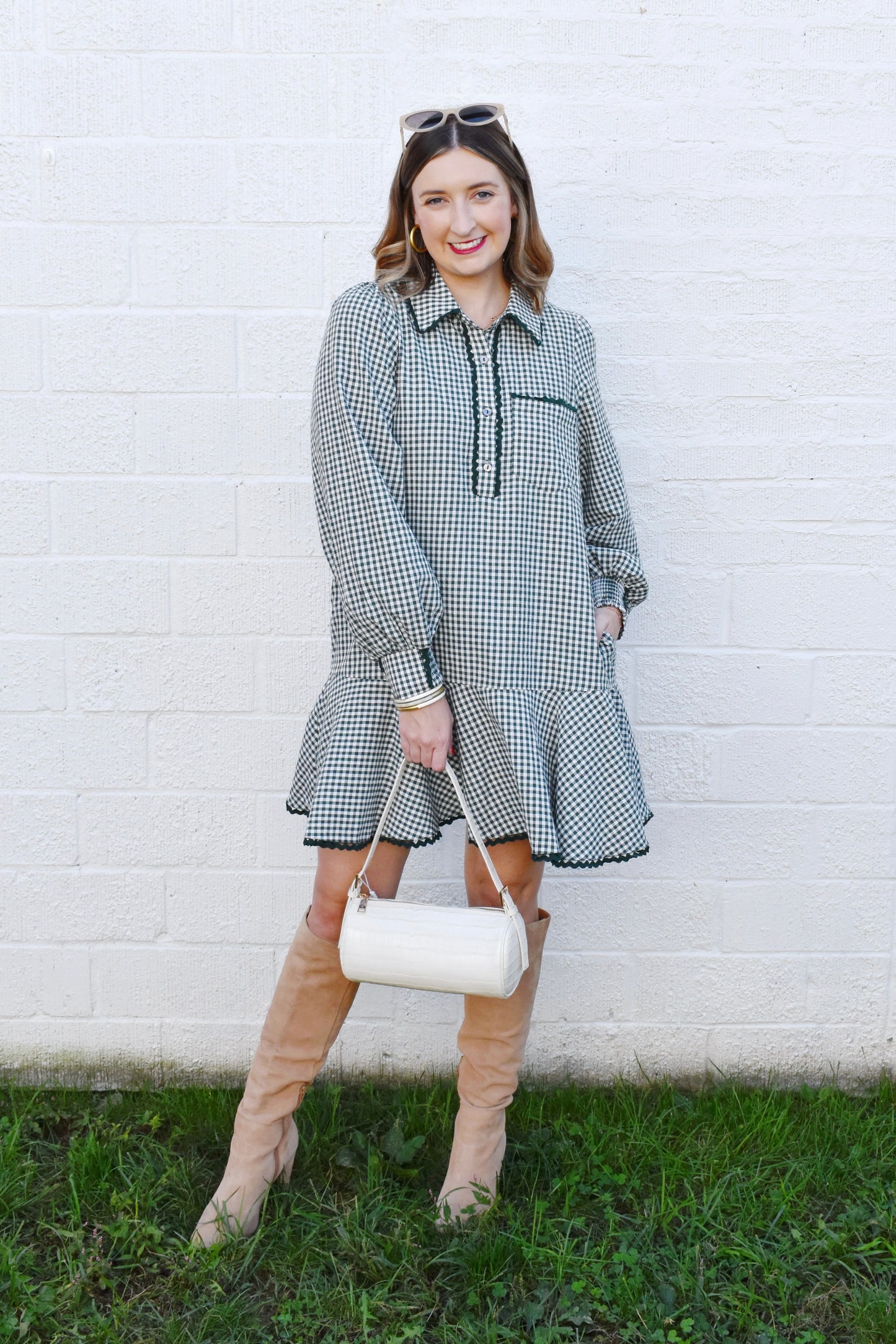 Forest Gingham Drop Waist Mini Dress