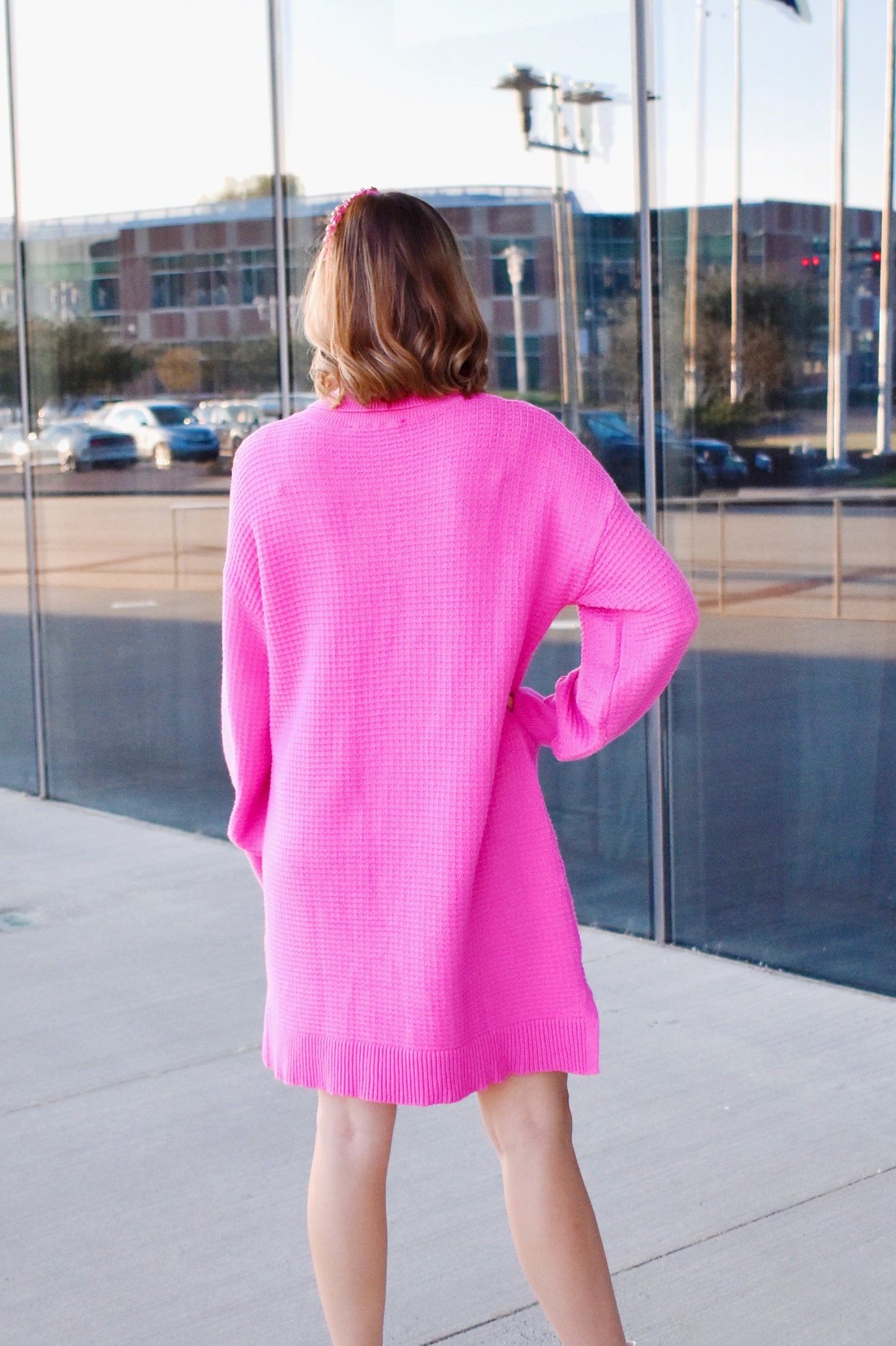 Load image into Gallery viewer, Pink Waffle Knit Turtleneck Sweater Dress
