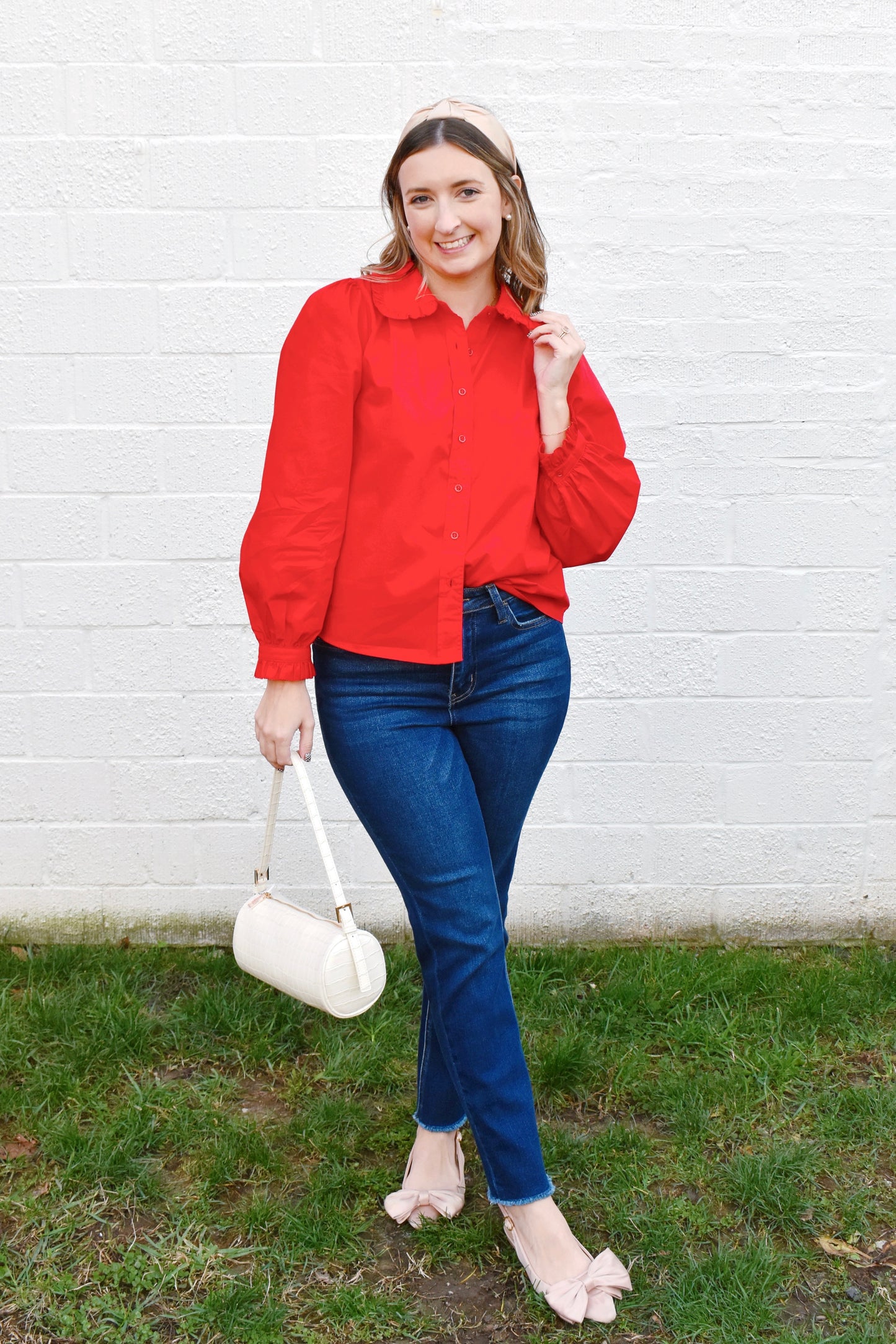 Red Ruffle Collared Button Down