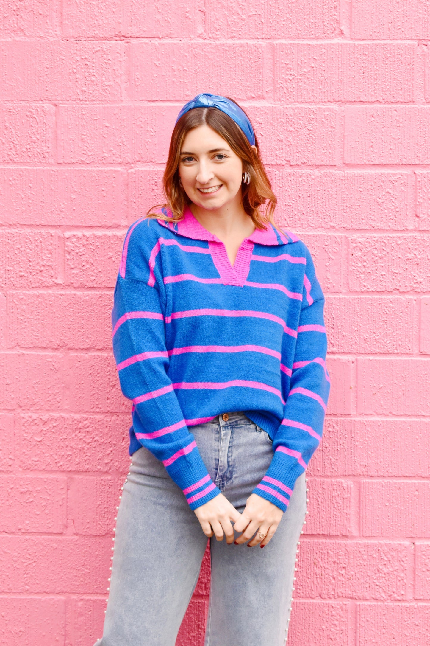 Blue & Pink Striped Collared Sweater