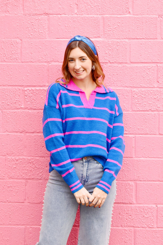 Blue & Pink Striped Collared Sweater