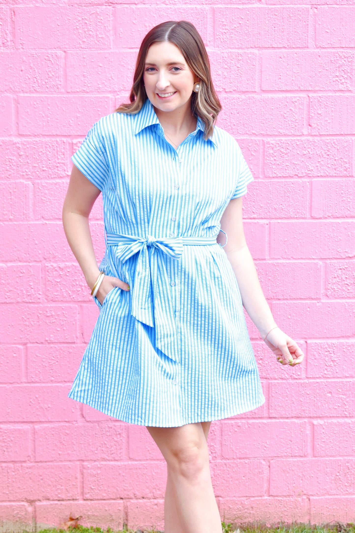 Blue Stripe Pintuck Waist Collared Dress