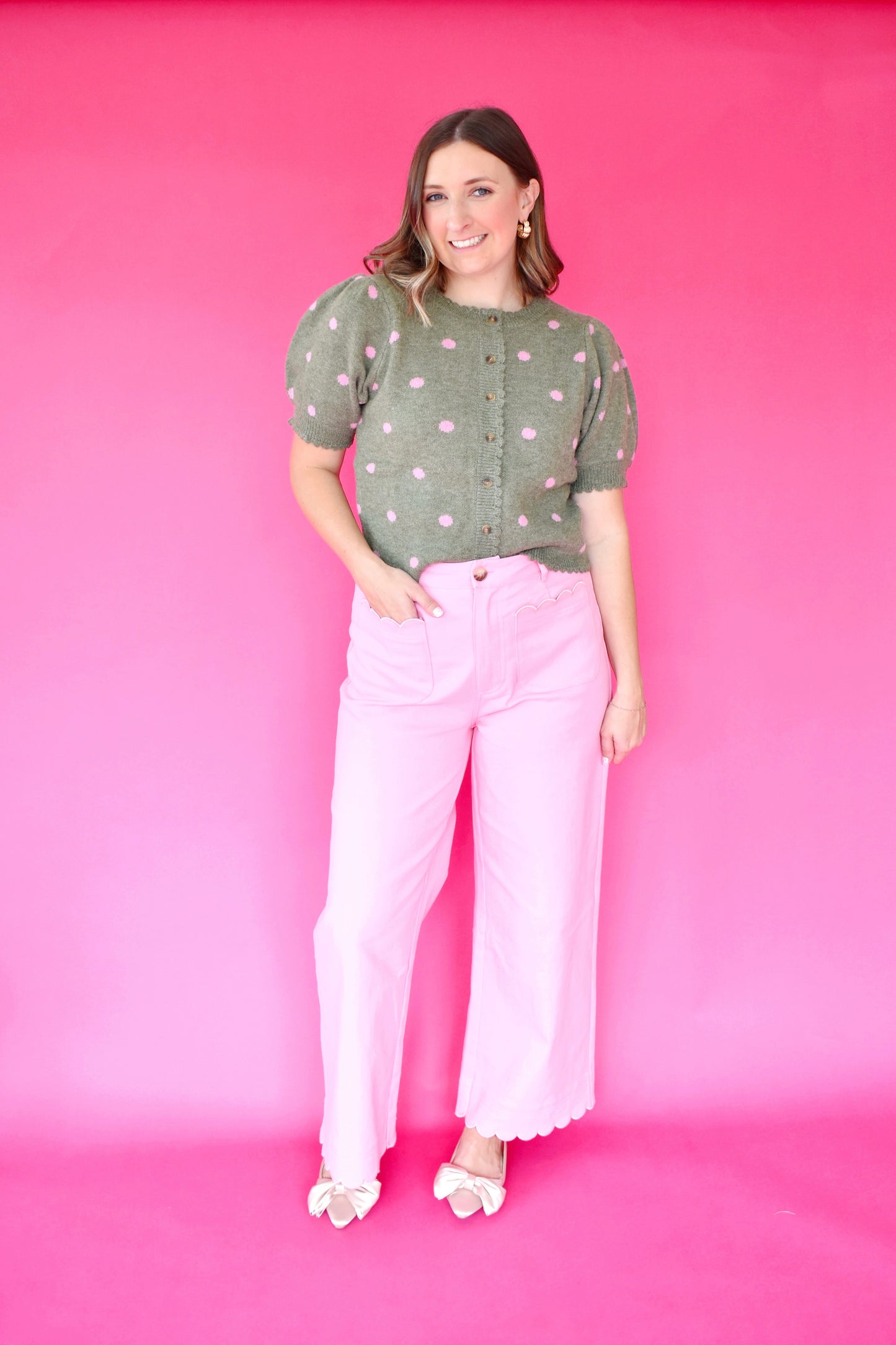 Army Green Pink Polka Dot Scallop Sweater