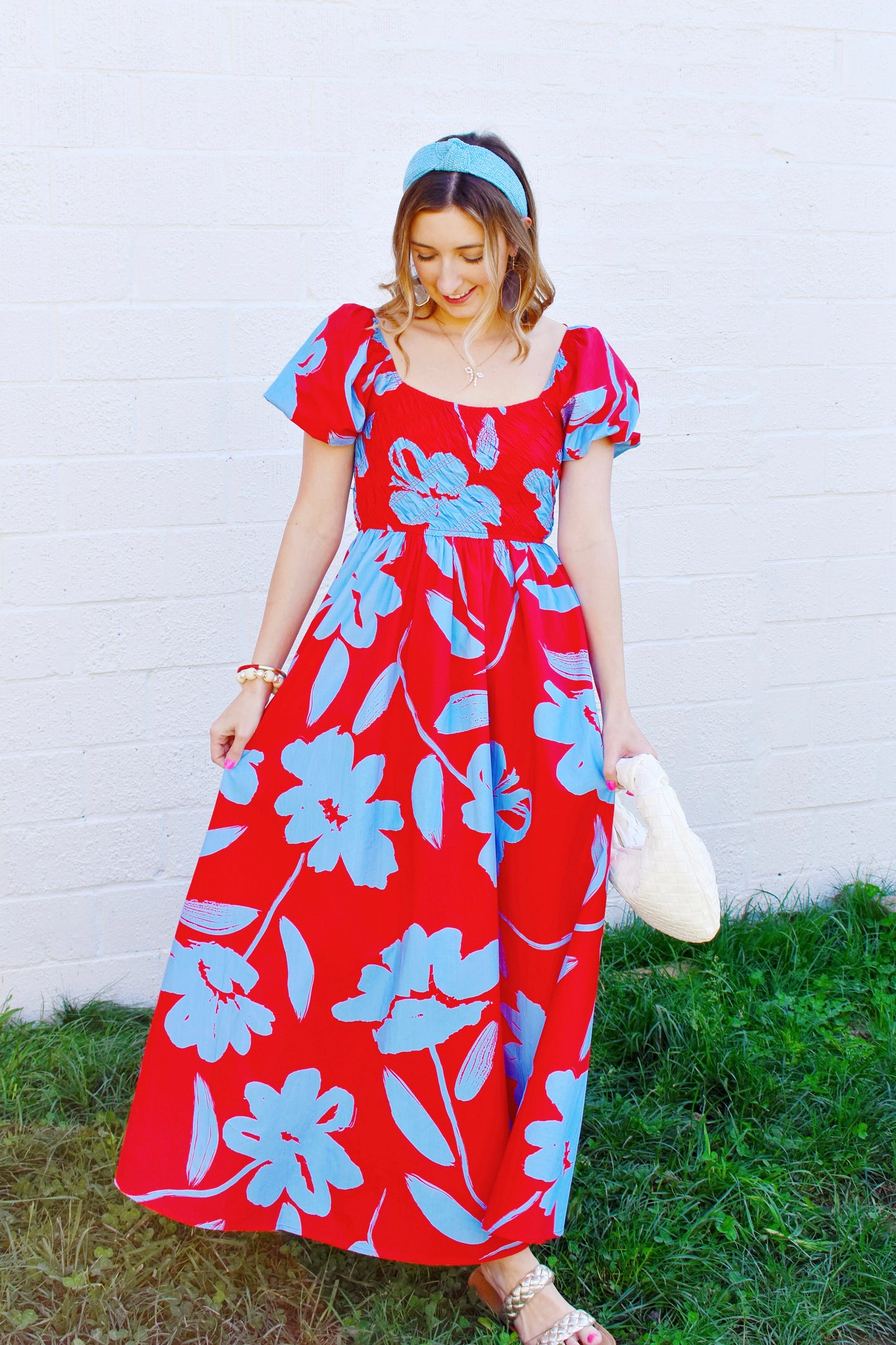Red & Blue Floral Smocked Midi Dress – Confetti Boutique