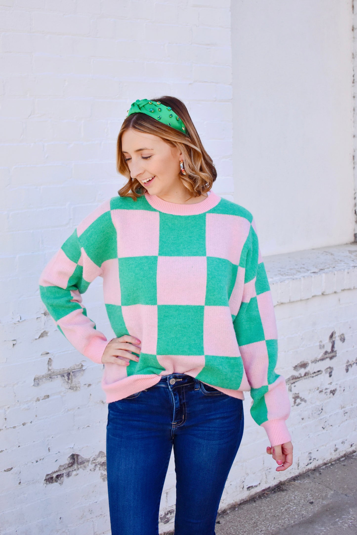 Pink & Green Checkered Sweater Confetti Boutique Pink & Green Checkered Sweater Confetti Boutique