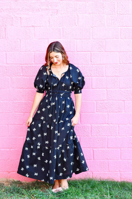 Black & White Bow Printed Maxi Dress