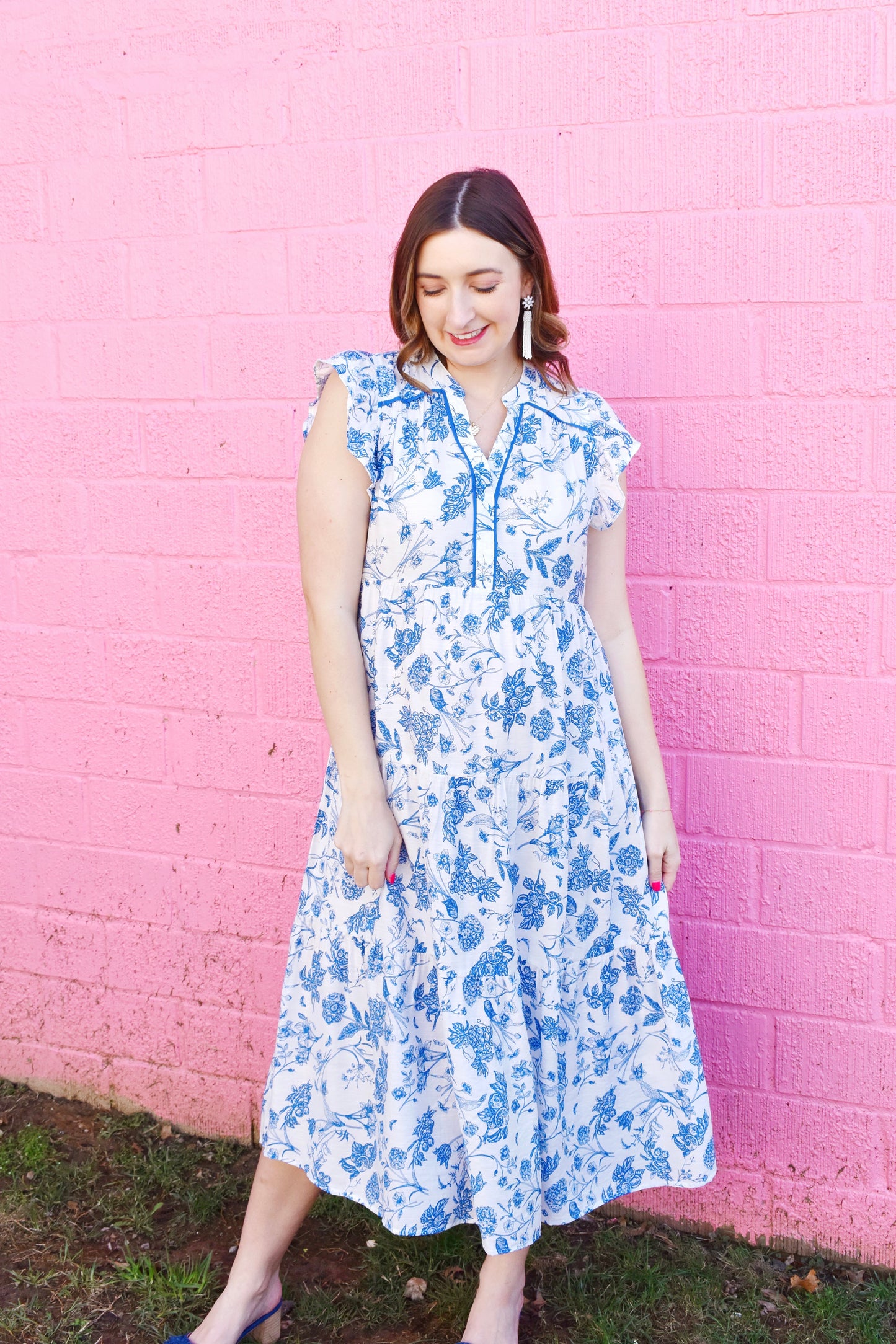 Blue Floral Flutter Sleeve Midi Dress Confetti Boutique Blue Floral Flutter Sleeve Midi Dress Confetti Boutique
