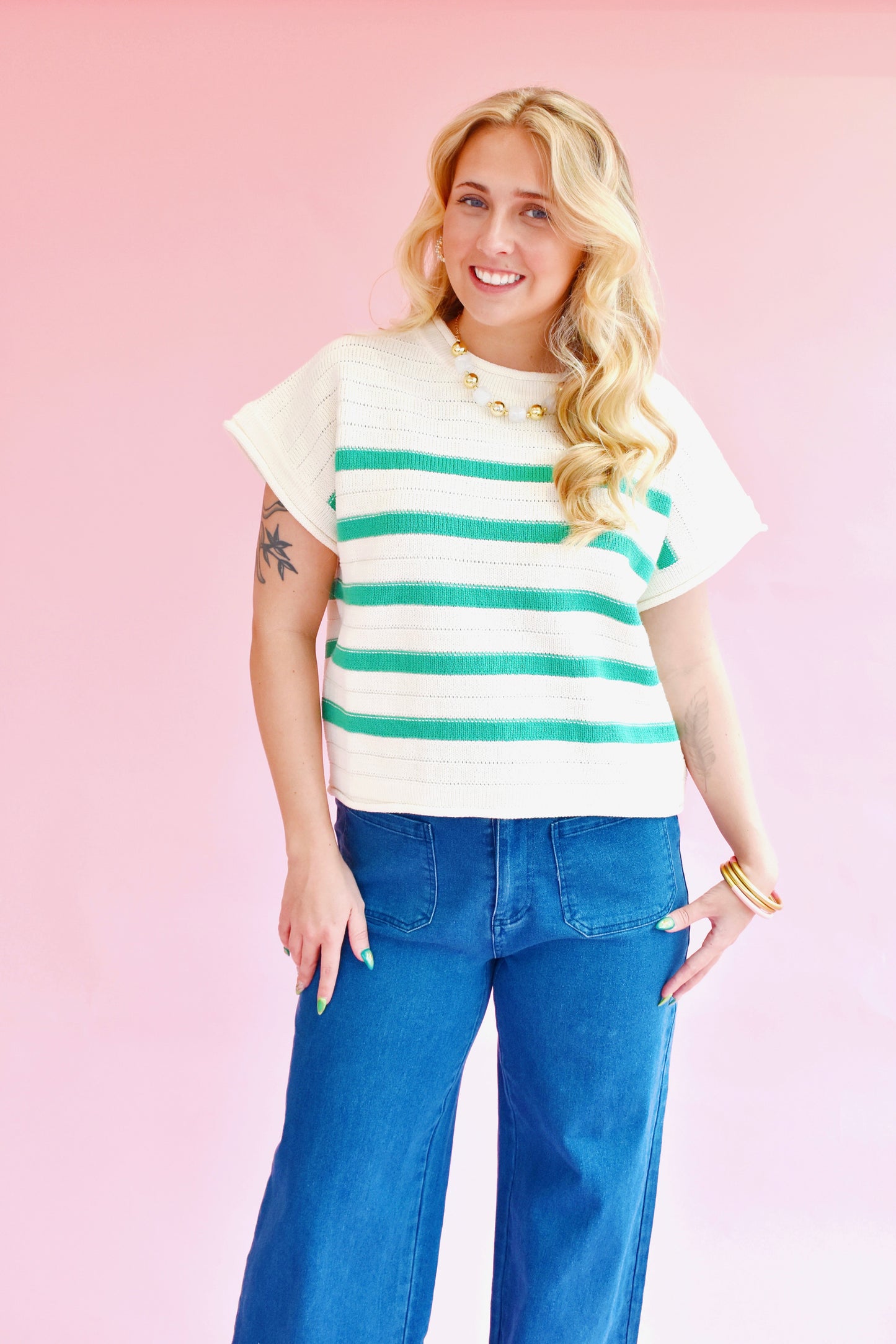 Kelly Green Striped Sweater Top