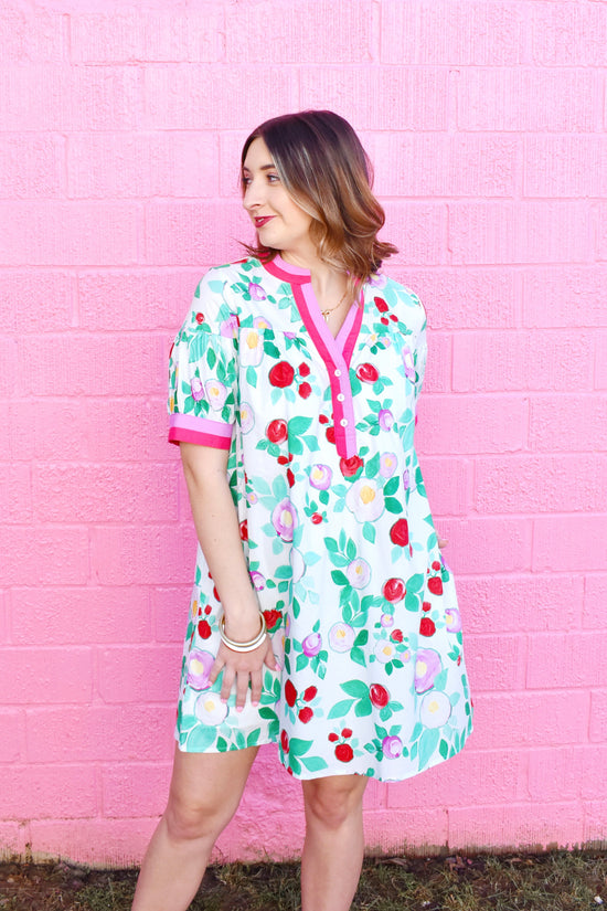 White Colorful Floral Contrast Trim Dress