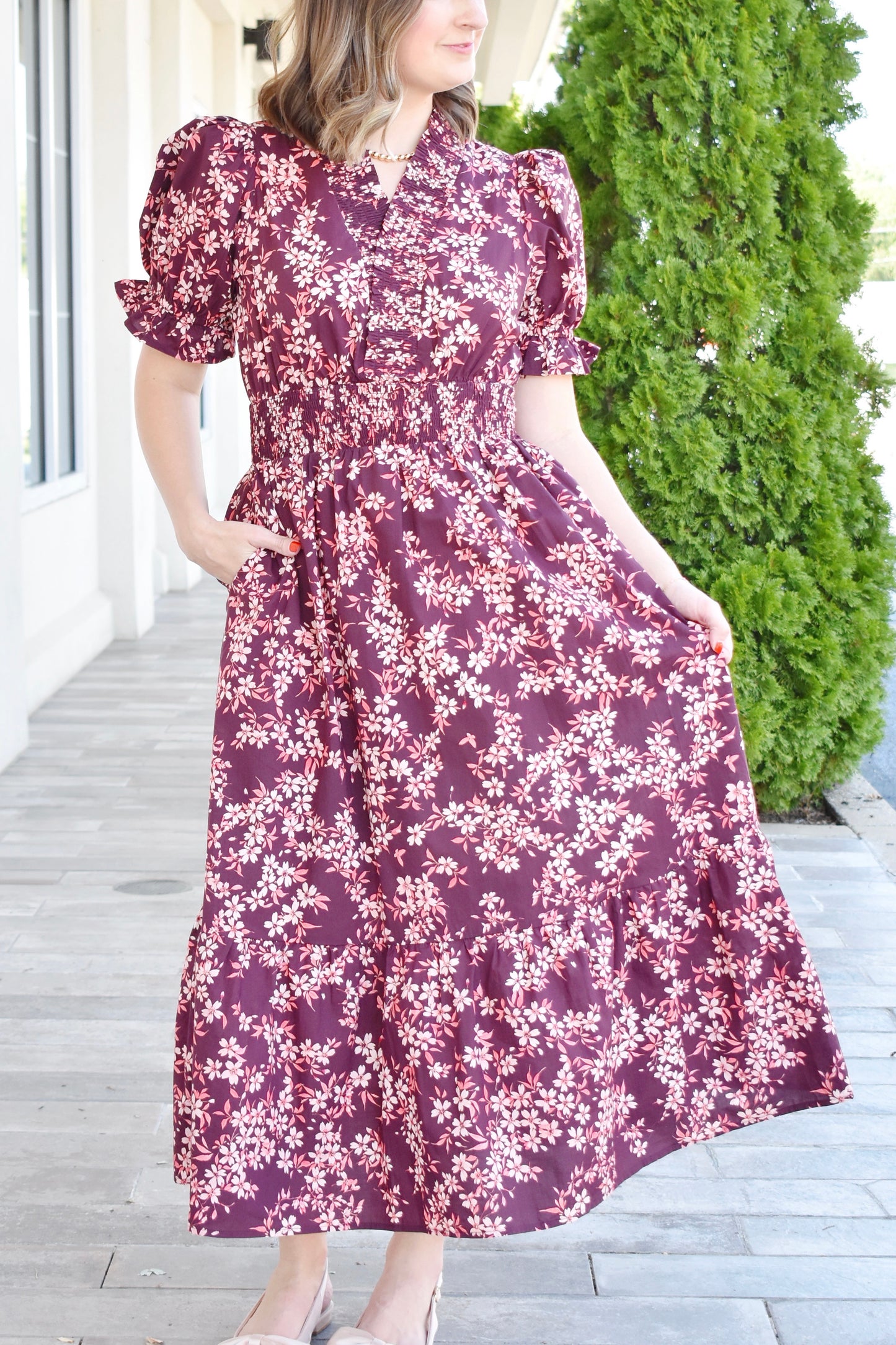 Wine Floral Ruffle Neck Smock Waist Midi Dress