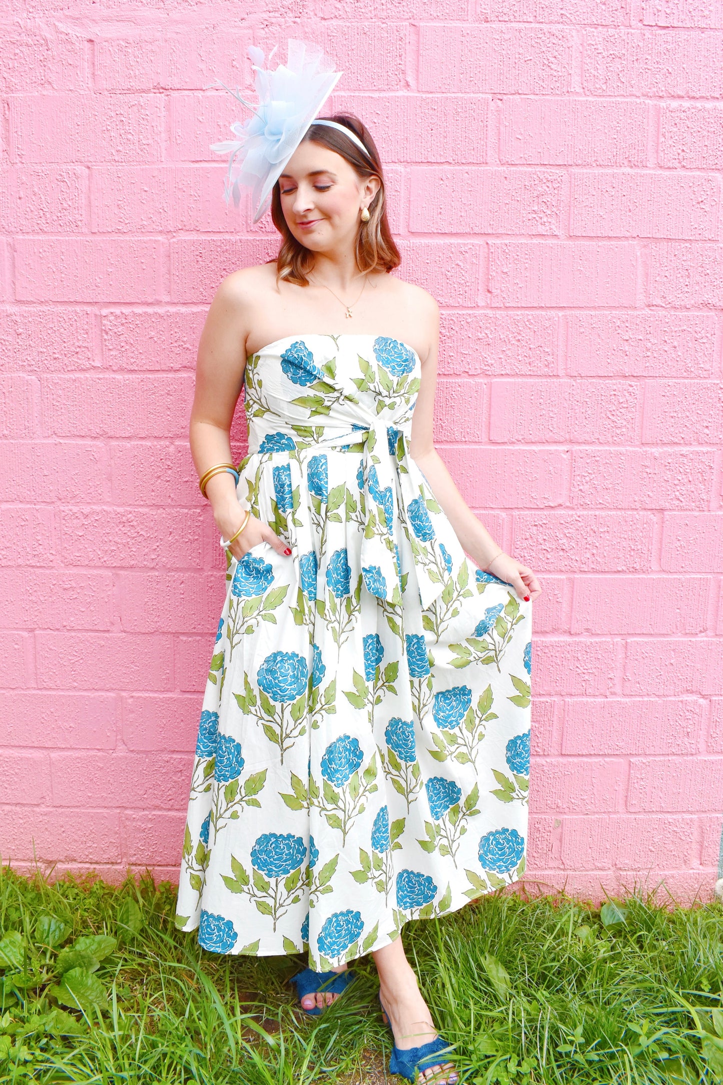 Blue Hydrangea Strapless Waist Sash Midi Dress