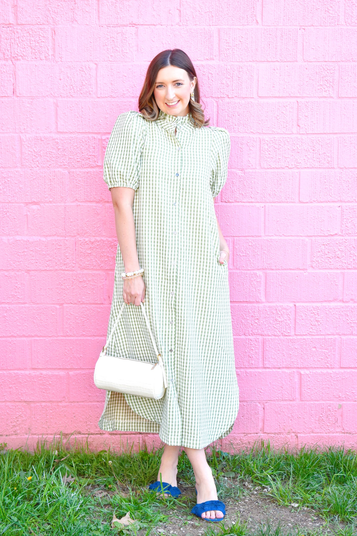 Matcha Gingham Button Down Midi Dress