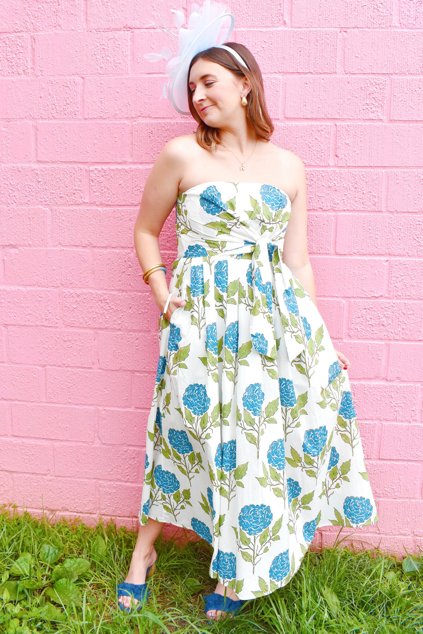 Blue Hydrangea Strapless Waist Sash Midi Dress