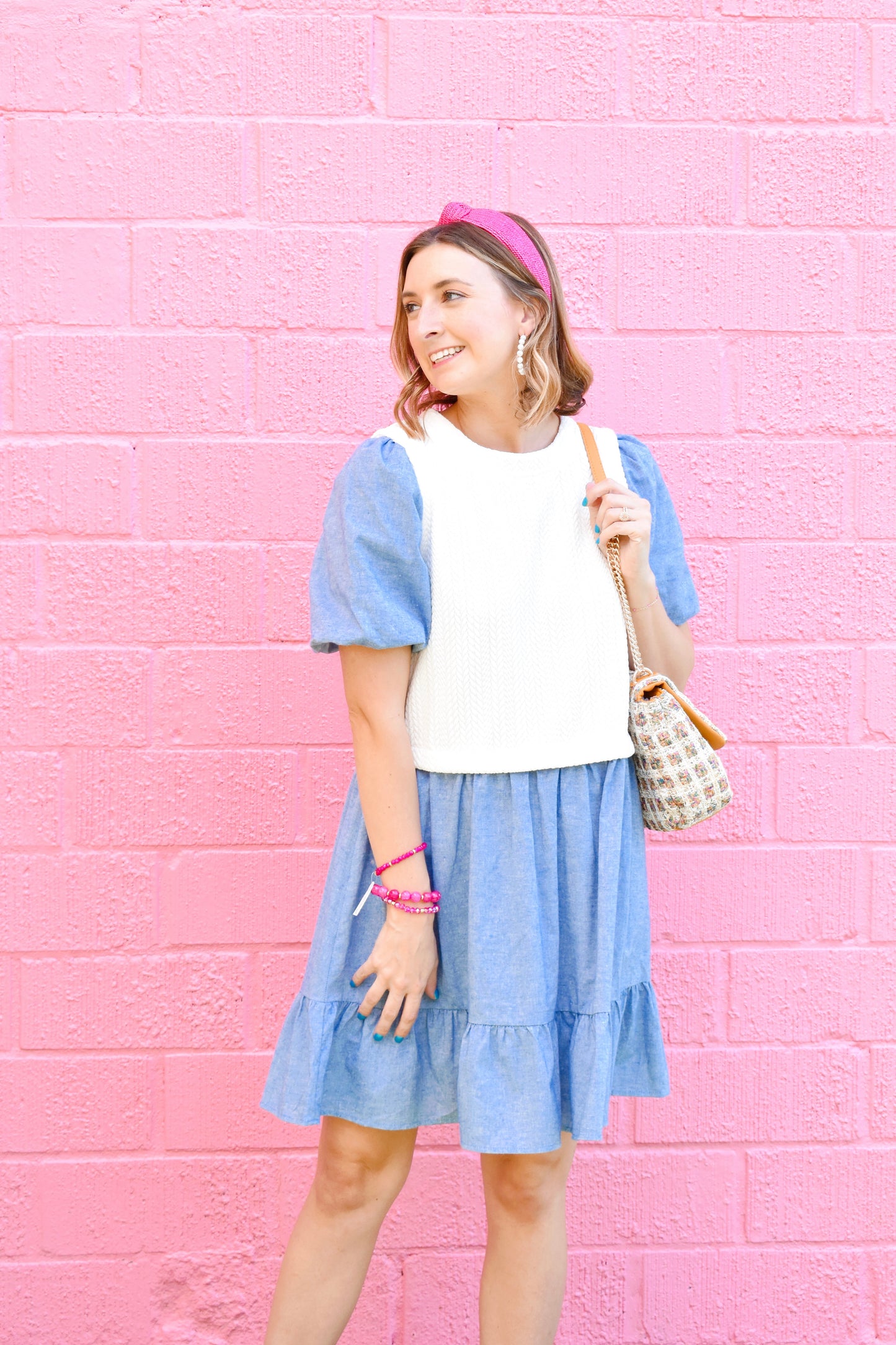 Layered Denim Puff Sleeve Dress