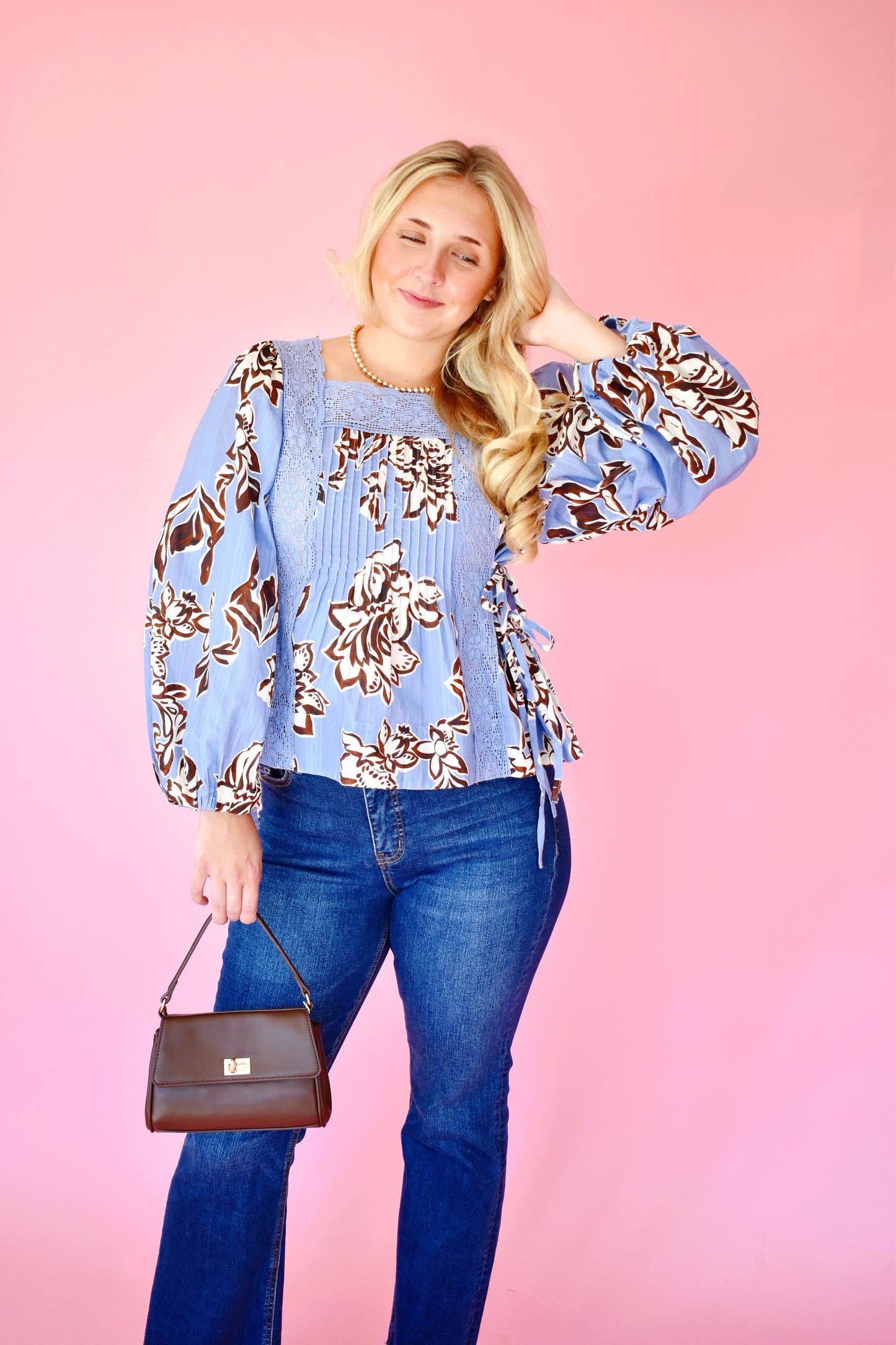 Blue & Brown Floral Lace Trim Babydoll Blouse