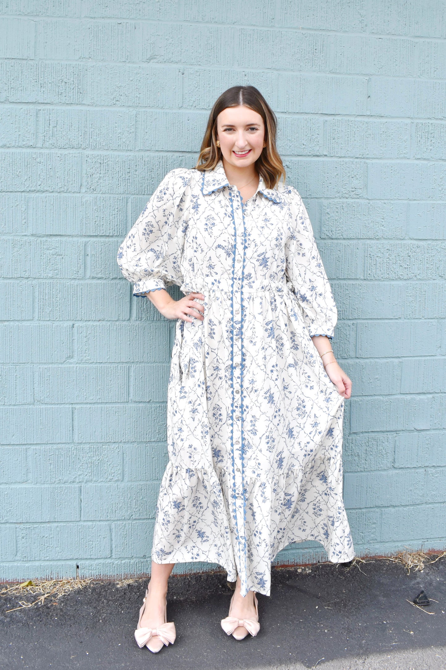 Ecru Blue Floral Button Down Midi Dress
