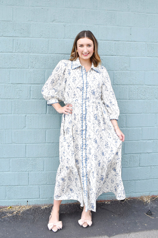 Ecru Blue Floral Button Down Midi Dress