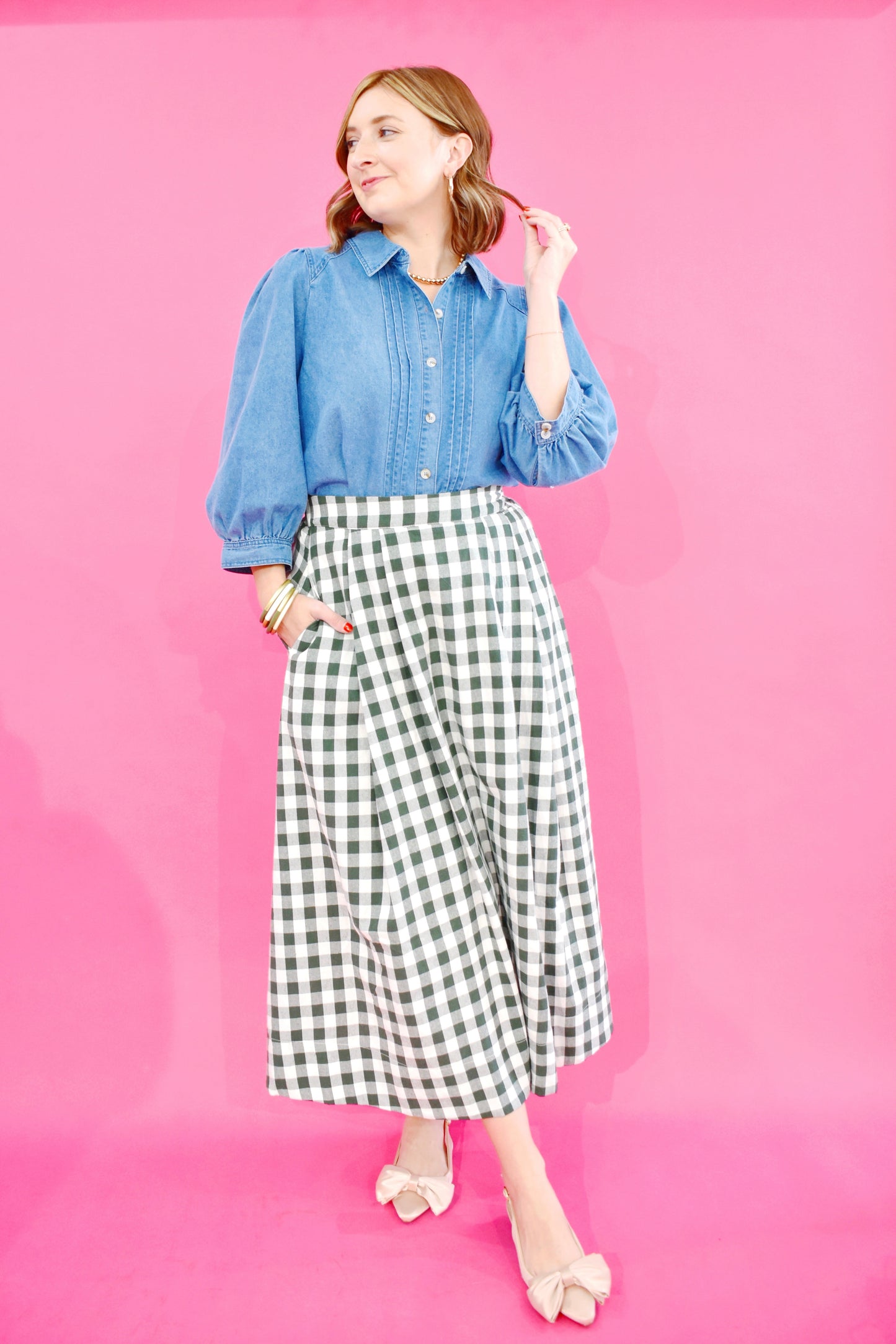 Green Gingham Midi Skirt