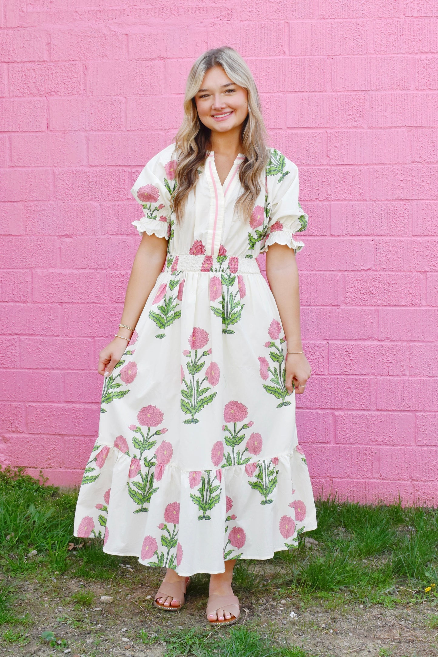 Cream Preppy Pink Floral Midi Dress – Confetti Boutique Cream Preppy Pink Floral Midi Dress – Confetti Boutique