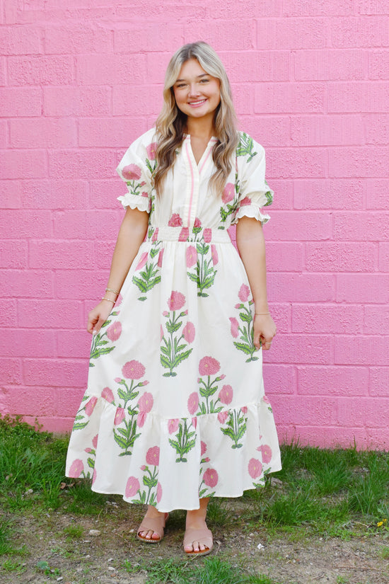 pink preppy dress puff The Hot Pink Playdate Preppy Dress from Sassy Shortcake is an all over bright pink smocked dress Cream Preppy Pink Floral Midi