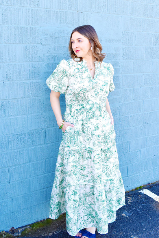 Green Toile Puff Sleeve Maxi Dress