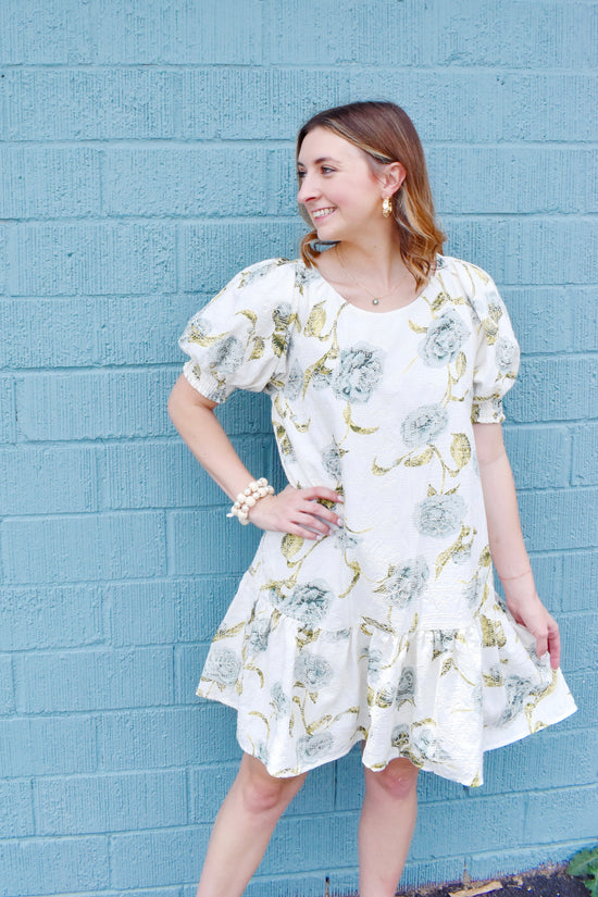 White & Blue Drop Waist Floral Dress