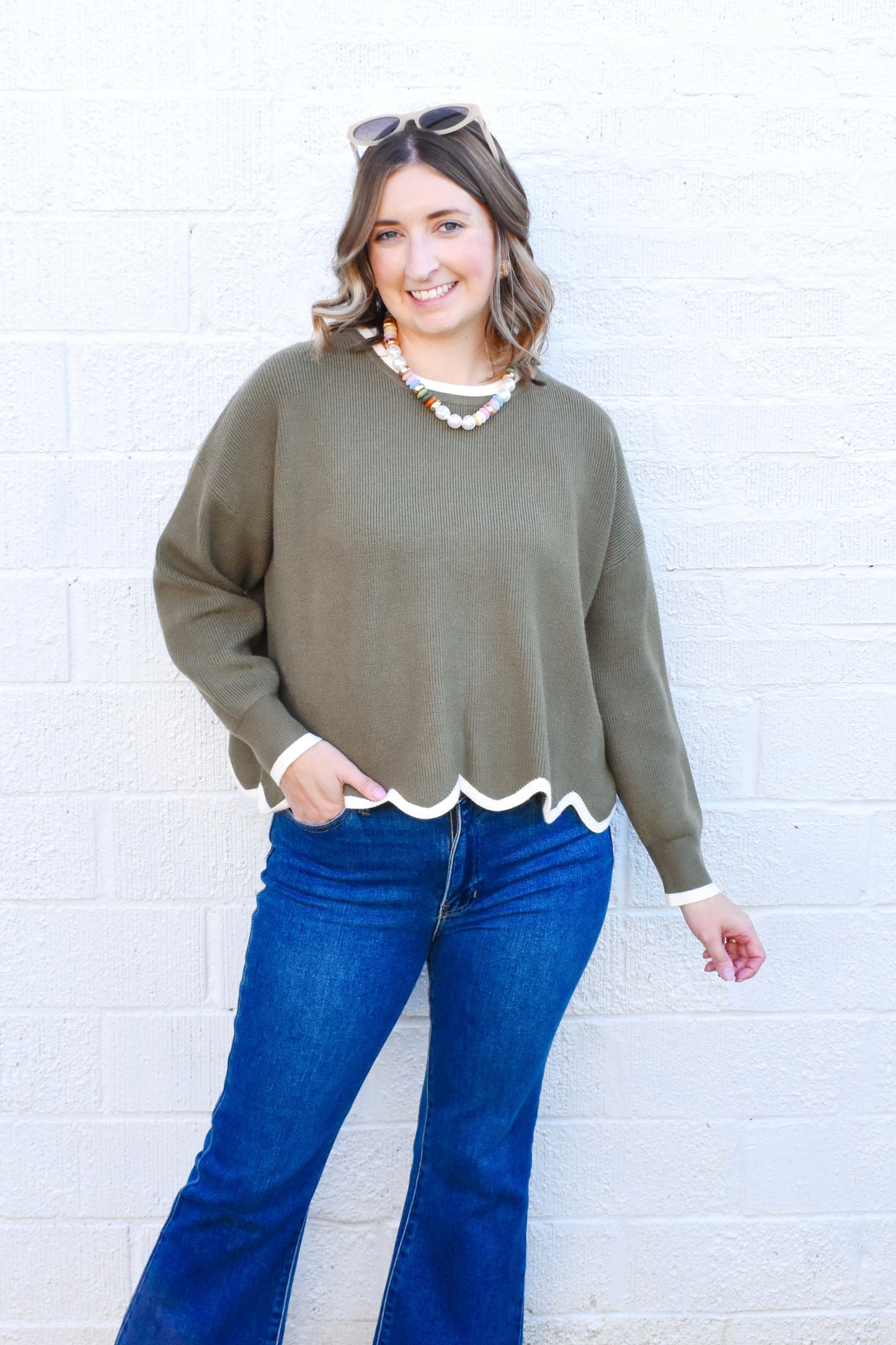 Olive Cream Scallop Sweater