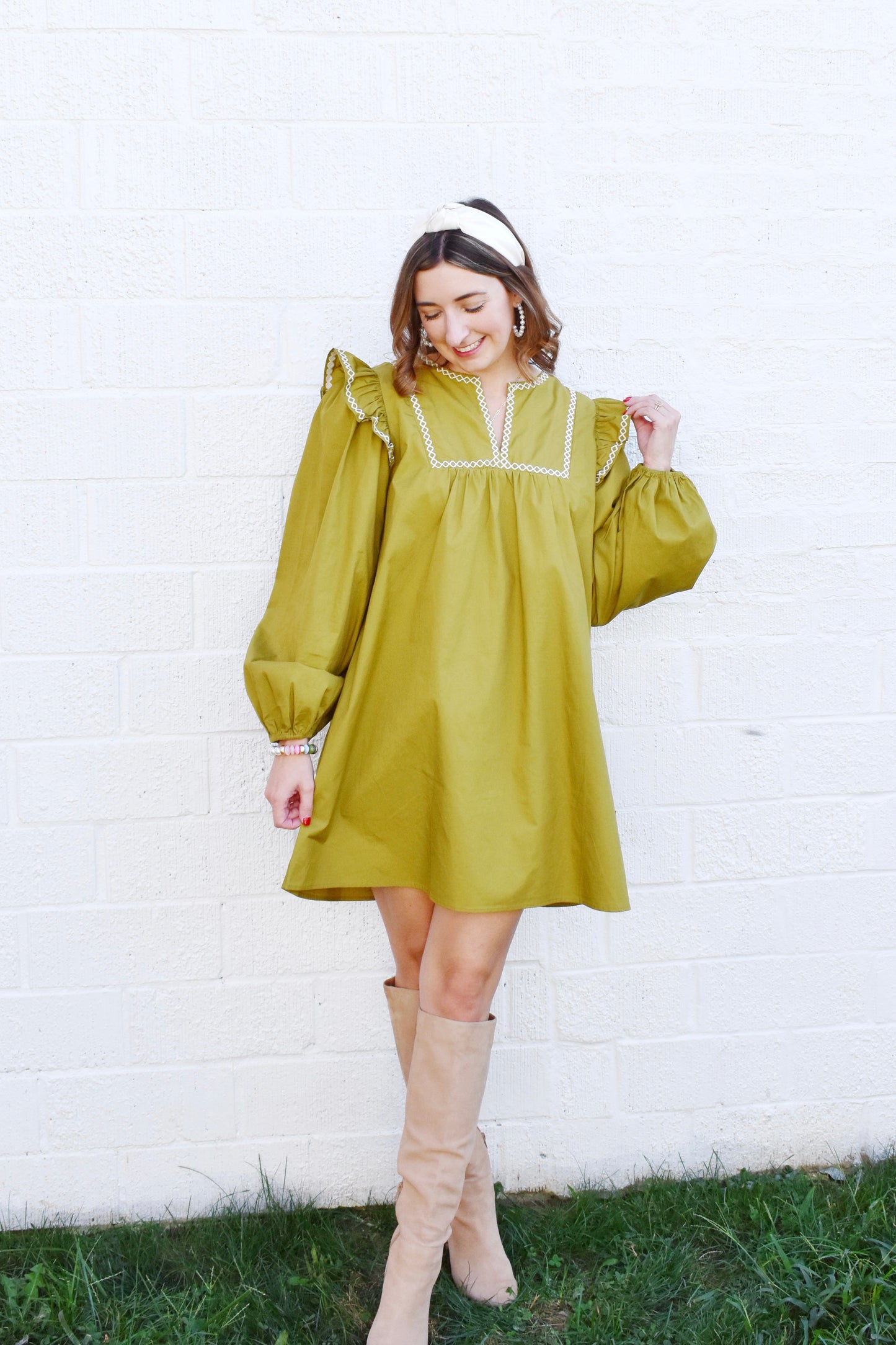 Avocado Embroidery Ruffle Detail Dress