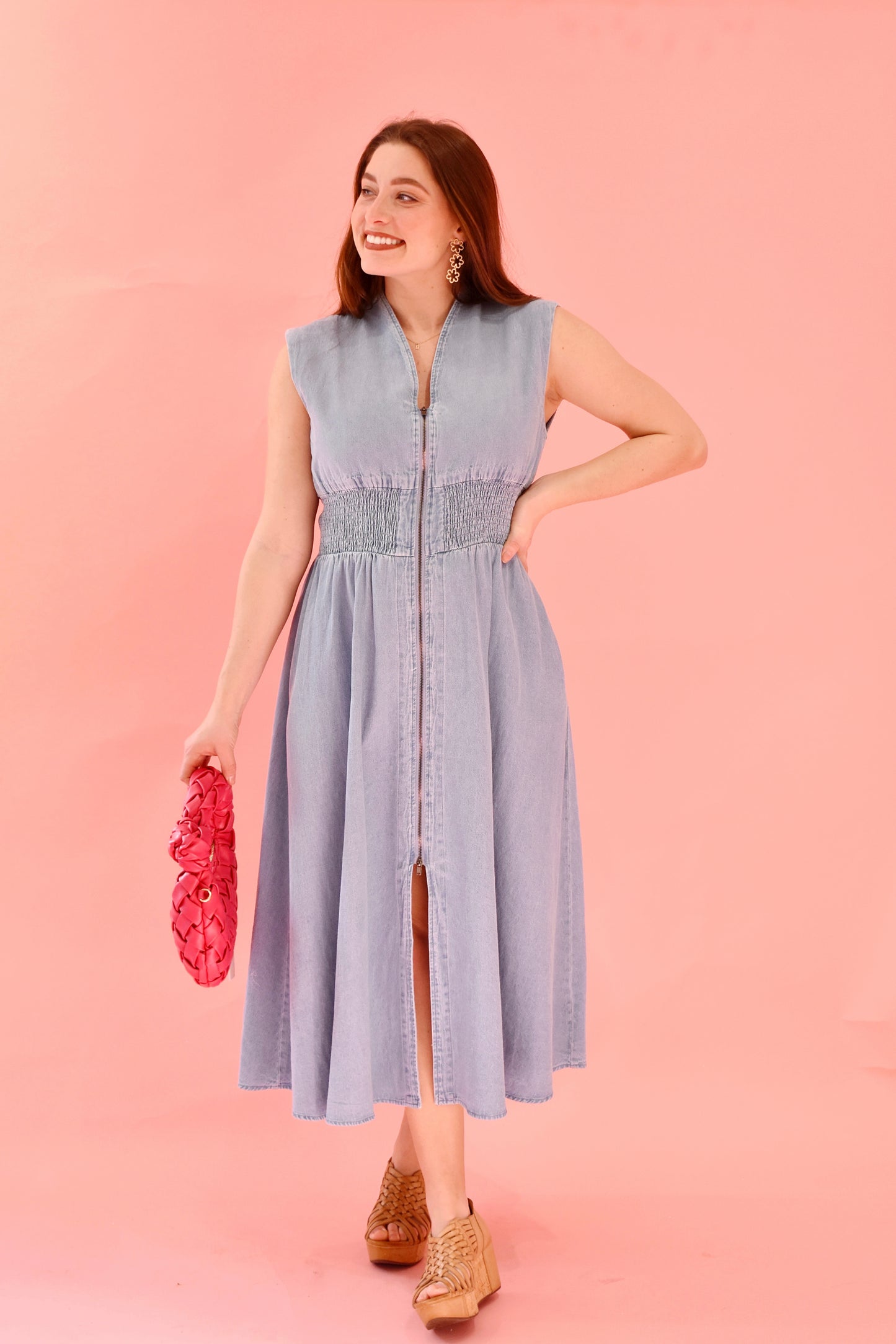 Denim Zip Up Midi Dress