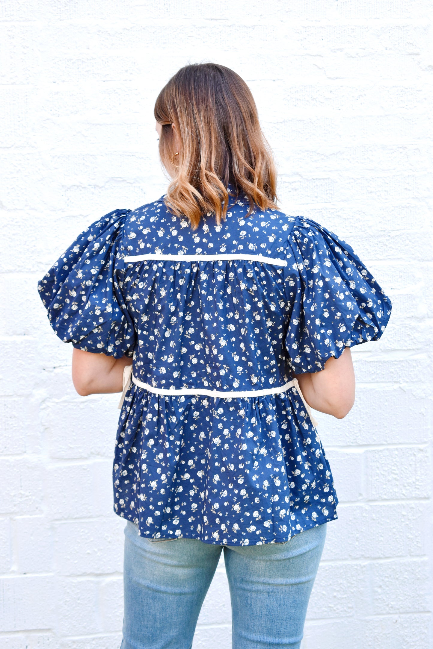 Navy Ditsy Floral Bubble Sleeve Blouse