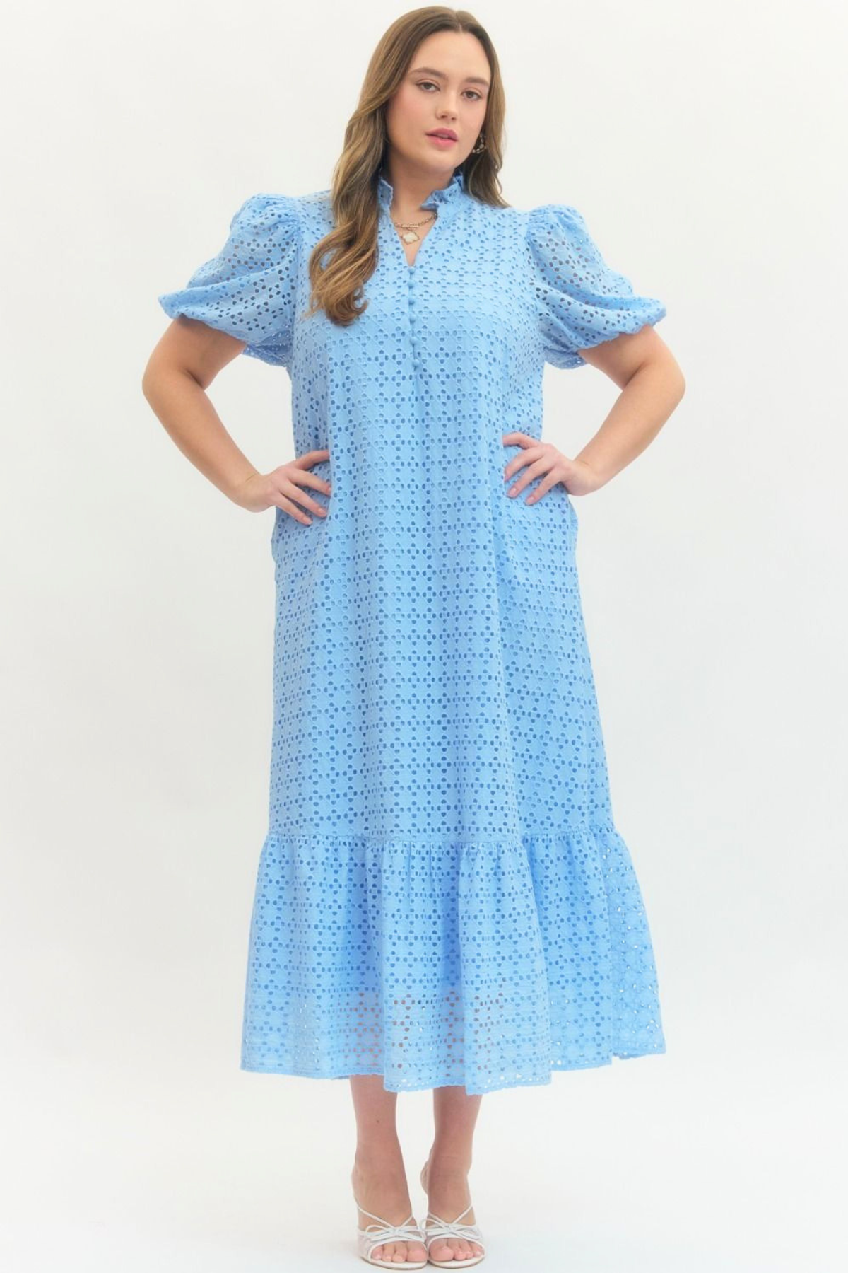 Plus Light Blue Eyelet Midi Dress