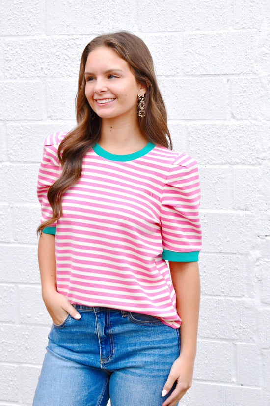 Pink Stripe Green Contrast Textured Top