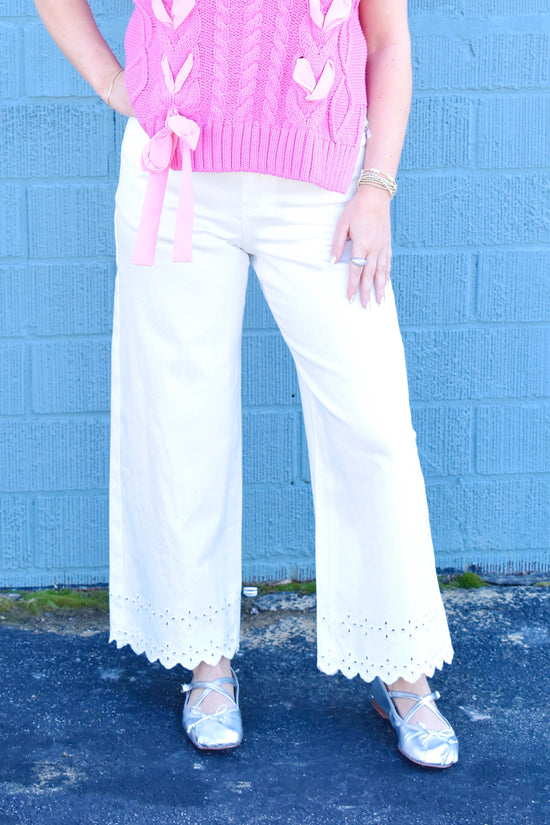 White Wide Leg Eyelet Embroidered Jeans