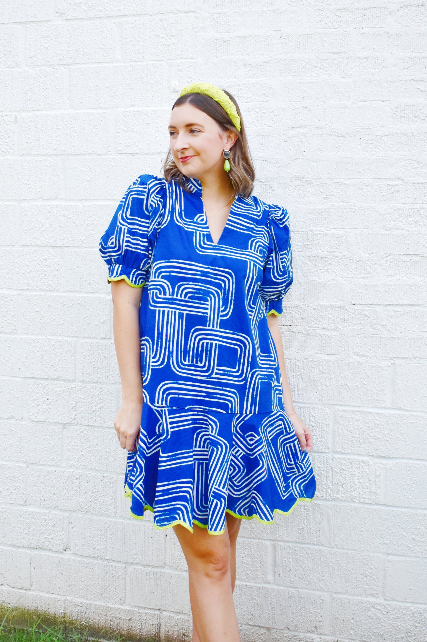 Navy Geometric Lime Scallop Dress