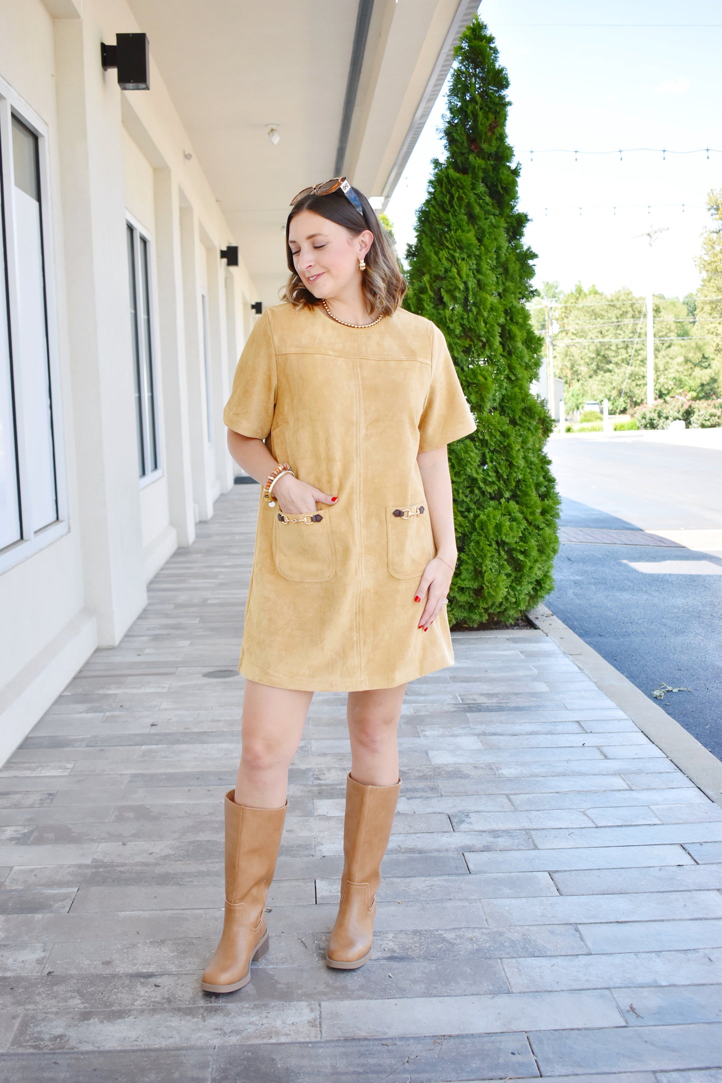 Suede Horsebit Pocket Dress