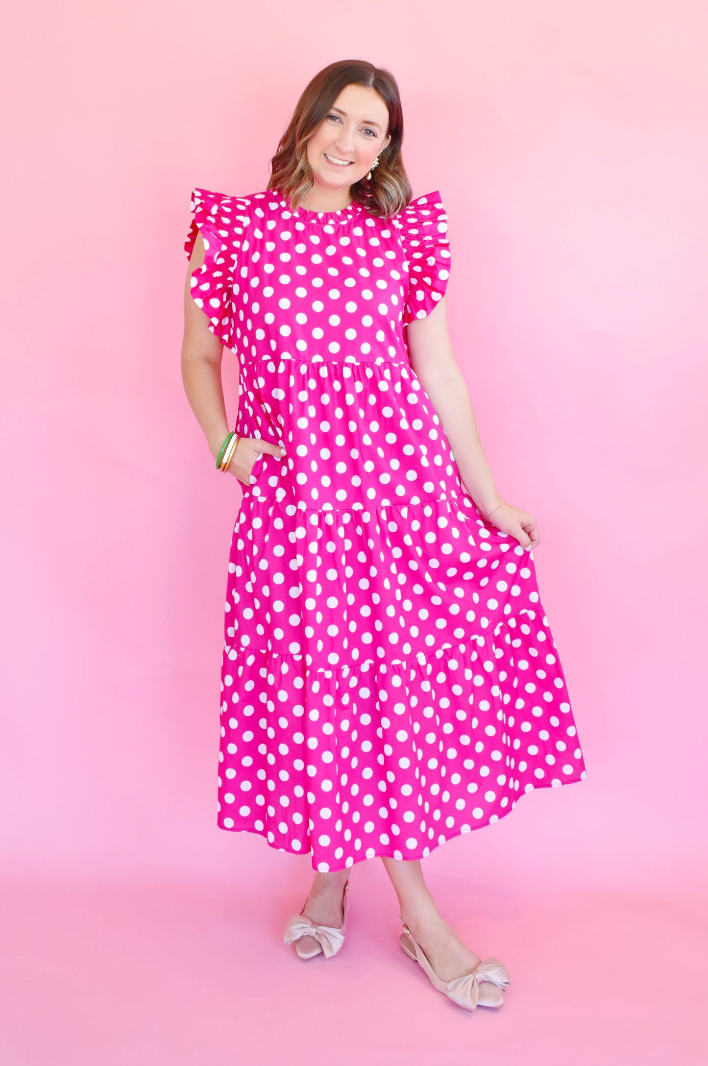 Hot Pink Polka Dot Ruffle Sleeve Midi Dress