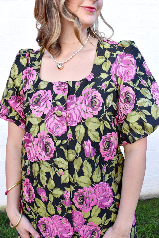 Black Jacquard Floral Button Puff Sleeve Dress