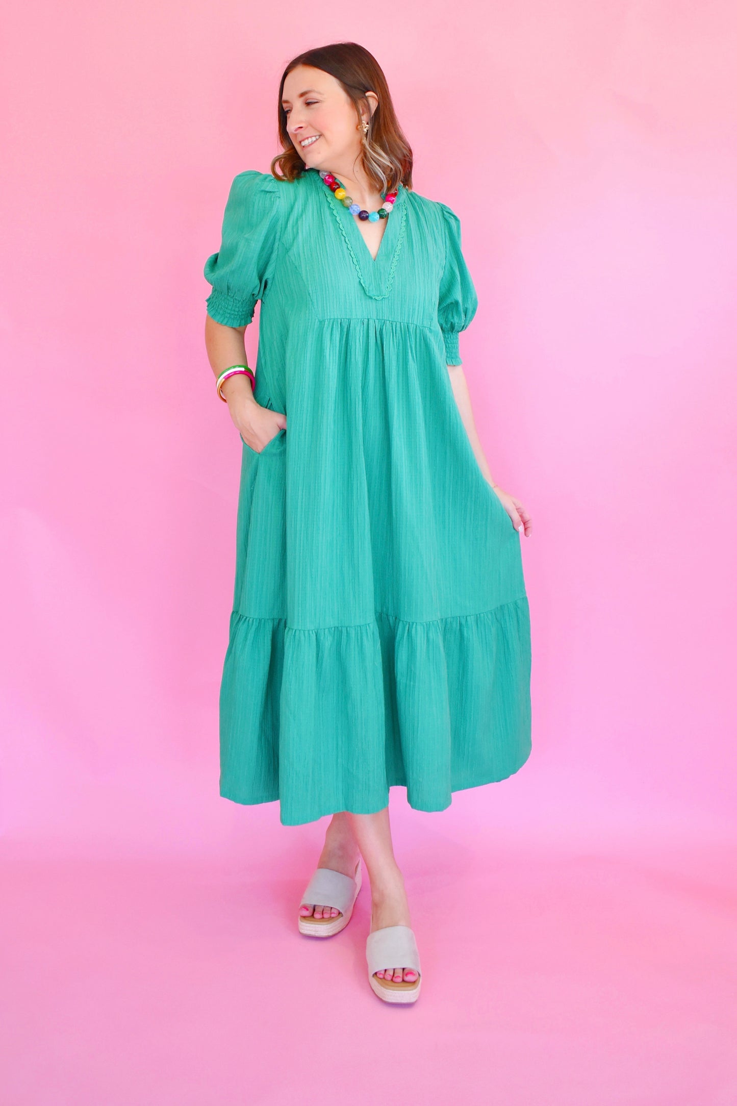 Kelly Green Lace Trim Midi Dress
