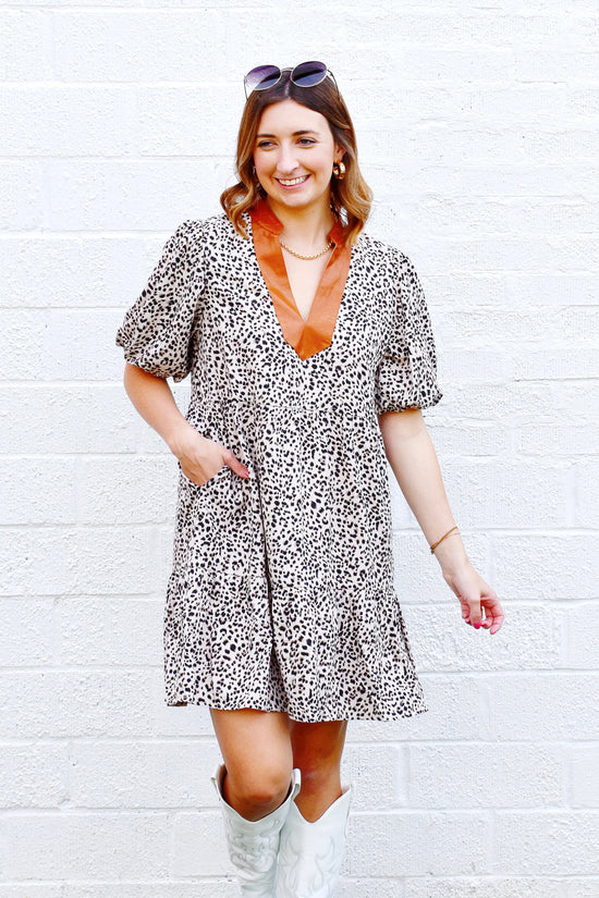 THML Cheetah Spot Puff Sleeve Leopard Trim Dress