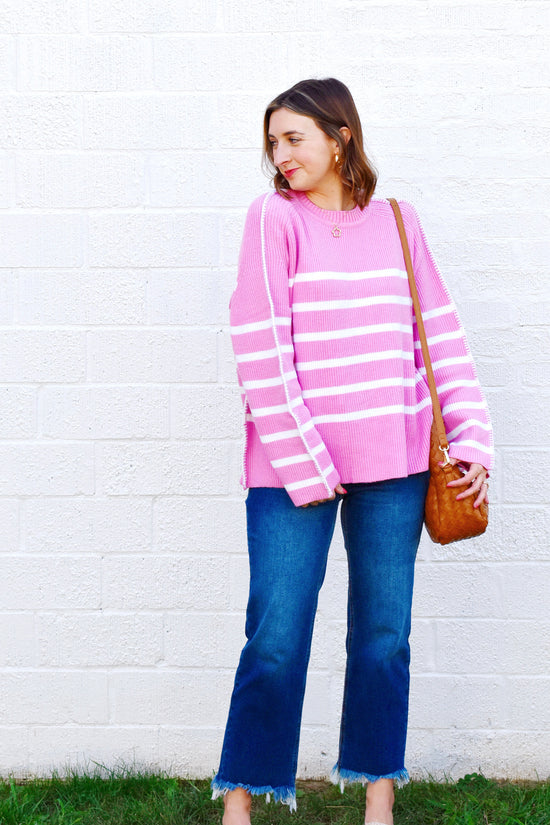 Pink Striped Stitch Trim Sweater