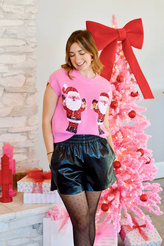 Pink Sequin Santa Sweater Vest Top