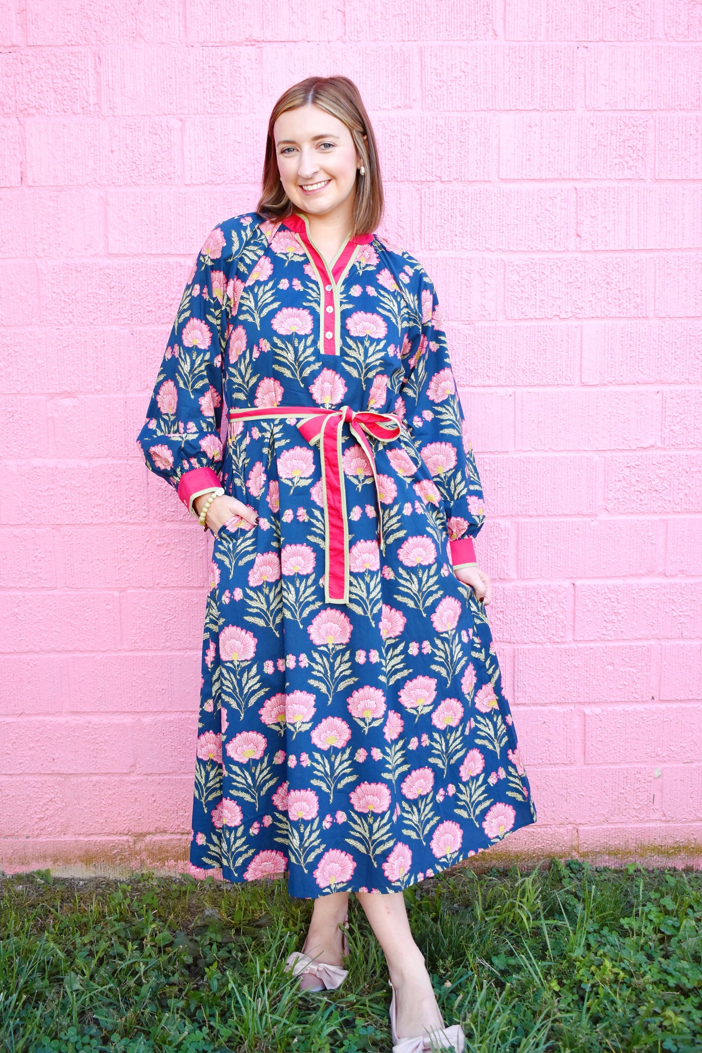 Navy Floral Pink & Green Contrast Midi Dress