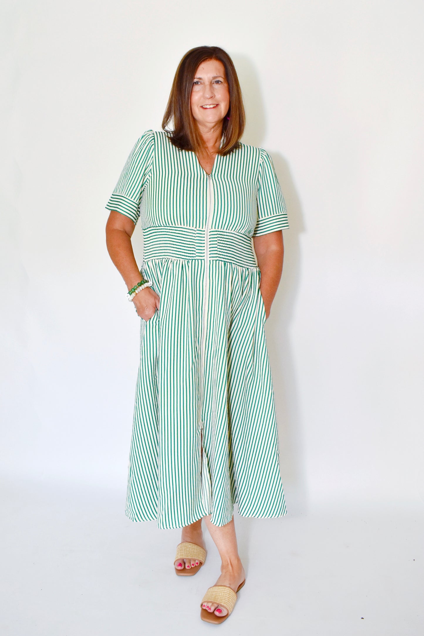 Kelly Green Striped Zip Up Dress